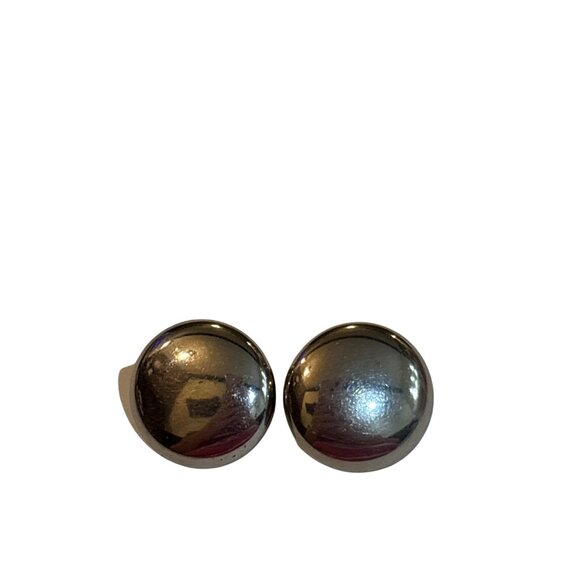 Silvertone Button Clip-On Earrings Vintage 80s 0.75 inch - Picture 1 of 4
